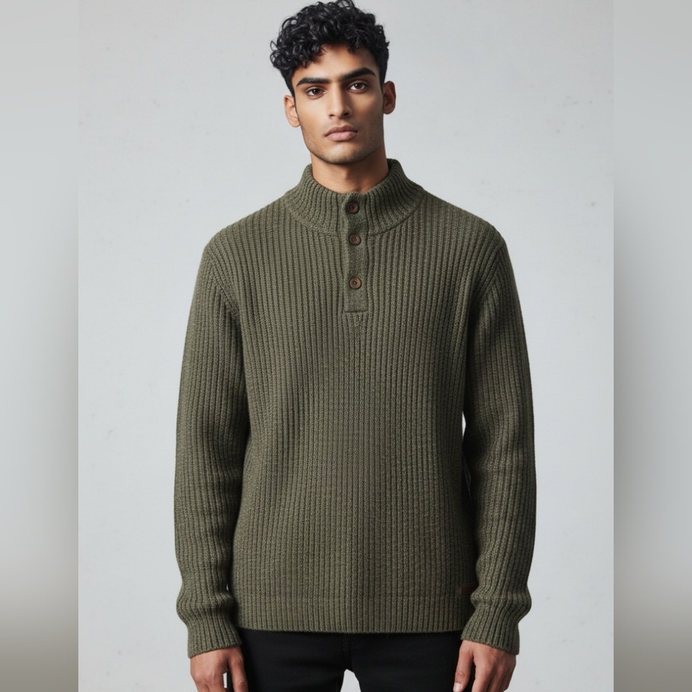 NEW. Sherpa Ranga Button Mock-Neck Sweater In Evergreen .. Size Large